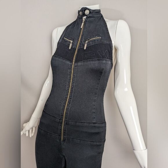 Halter neck jumpsuit, Y2K denim zip up front flared leg, karv heartbreak - Picture 3 of 9